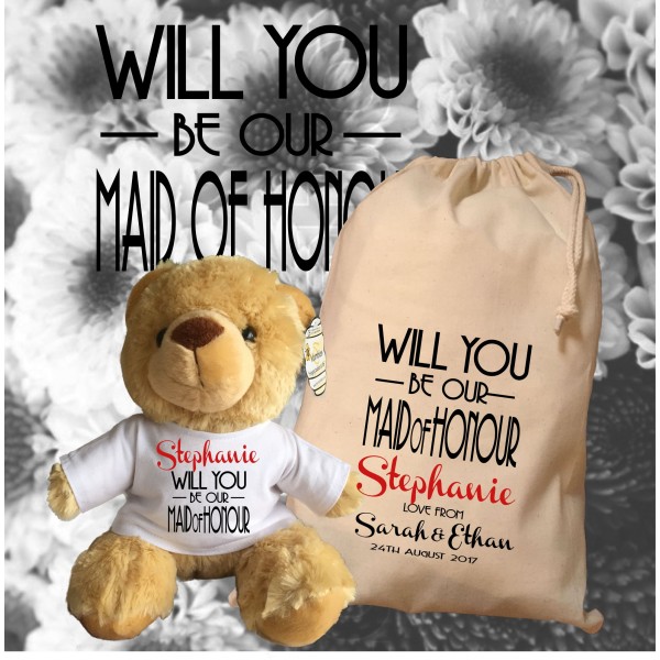 Personalised Maid Of Honour Teddy Bear With Matching Gift Bag - Stephanie Design - Wedding Favour, Wedding Gift